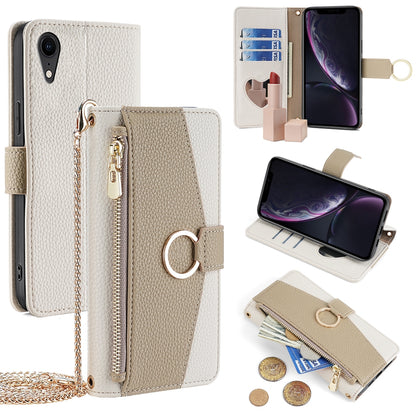 iPhone XR Crossbody Phone Case with Litchi Texture Leather, Adjustable Kickstand, Card Slots, Zipper Purse, Makeup Mirror, and TPU Protection