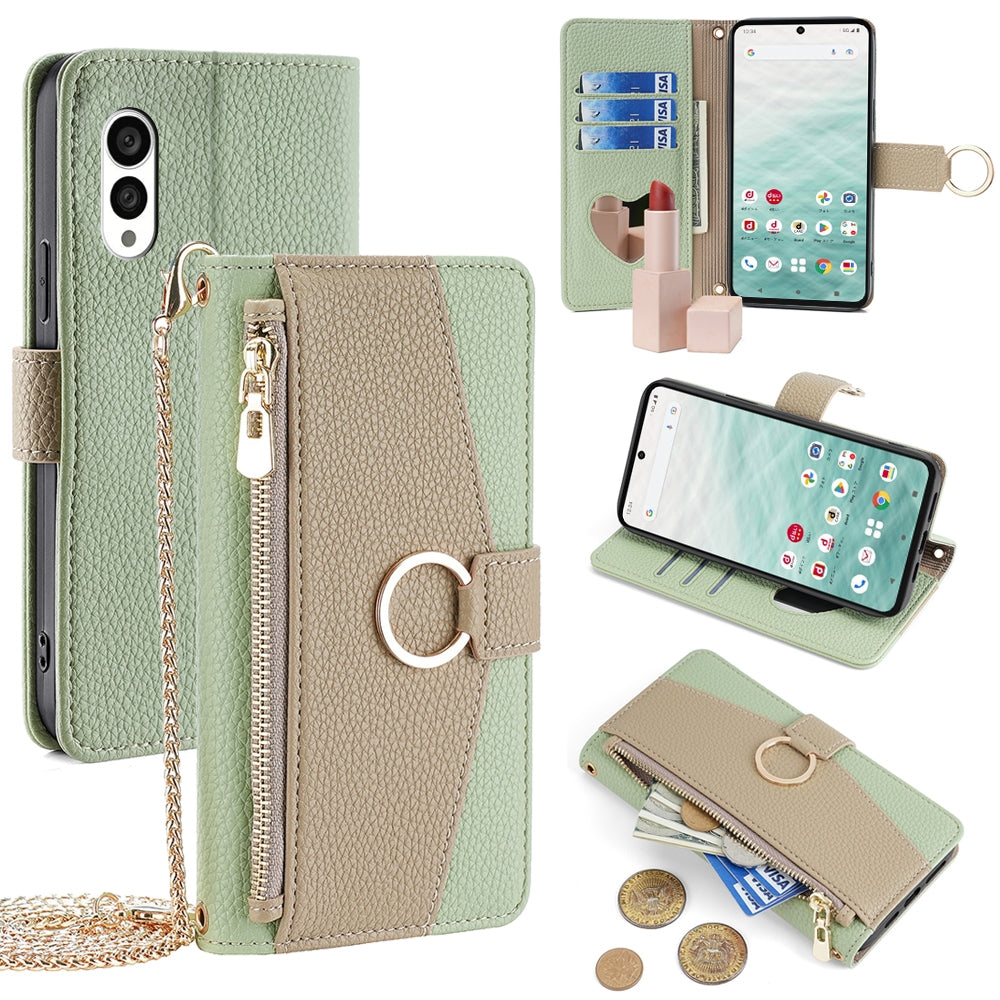 Fujitsu Arrows N F-51C Crossbody Phone Case with Litchi Texture Leather, Adjustable Kickstand, Card Slots, Zipper Purse, Makeup Mirror, and TPU Protection