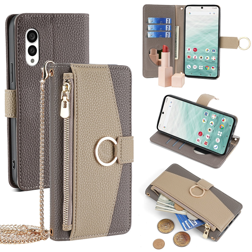 Fujitsu Arrows N F-51C Crossbody Phone Case with Litchi Texture Leather, Adjustable Kickstand, Card Slots, Zipper Purse, Makeup Mirror, and TPU Protection