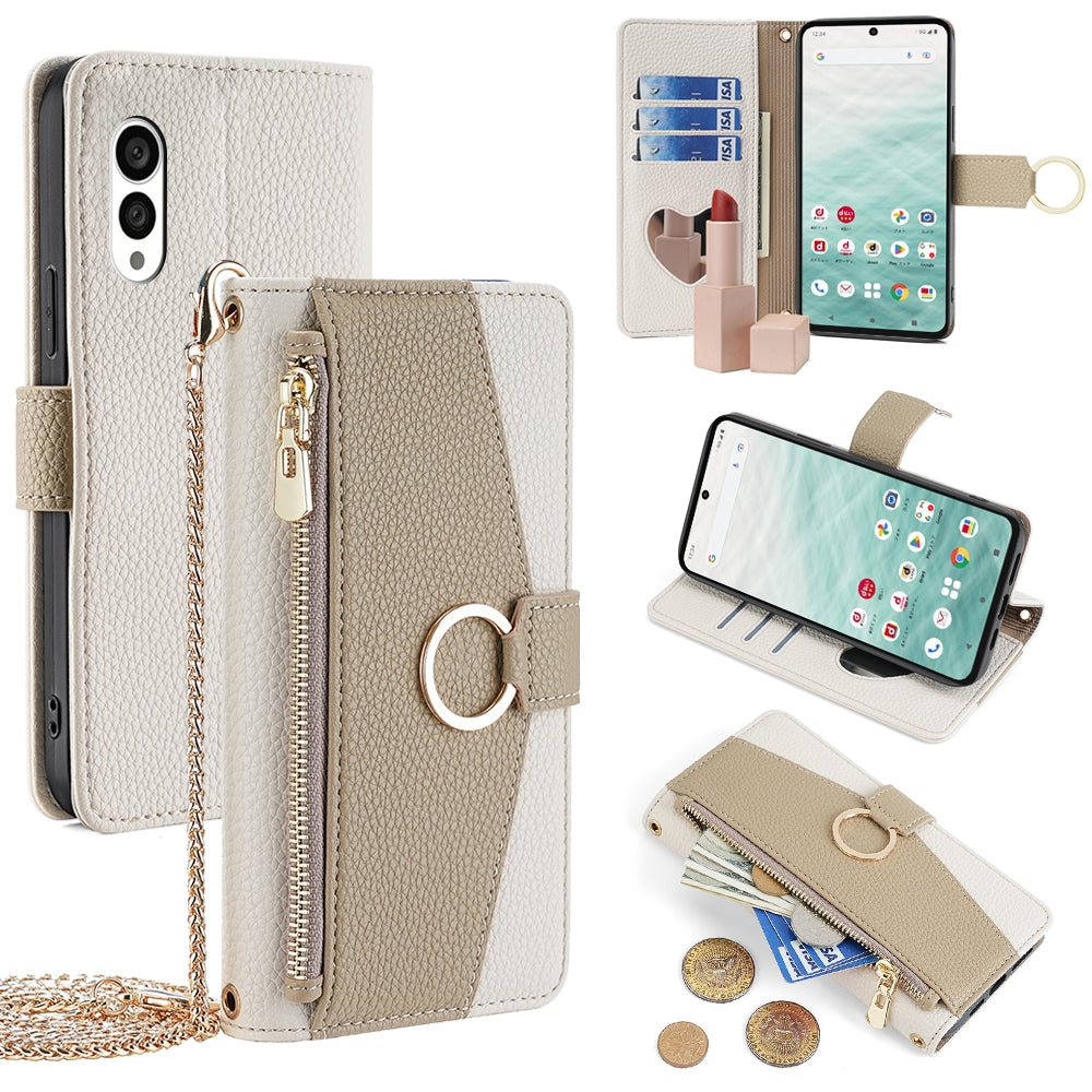 Fujitsu Arrows N F-51C Crossbody Phone Case with Litchi Texture Leather, Adjustable Kickstand, Card Slots, Zipper Purse, Makeup Mirror, and TPU Protection