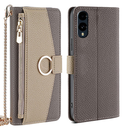 Fujitsu Arrows We2 Crossbody Phone Case with Litchi Texture Leather, Adjustable Kickstand, Card Slots, Zipper Purse, Makeup Mirror, and TPU Protection