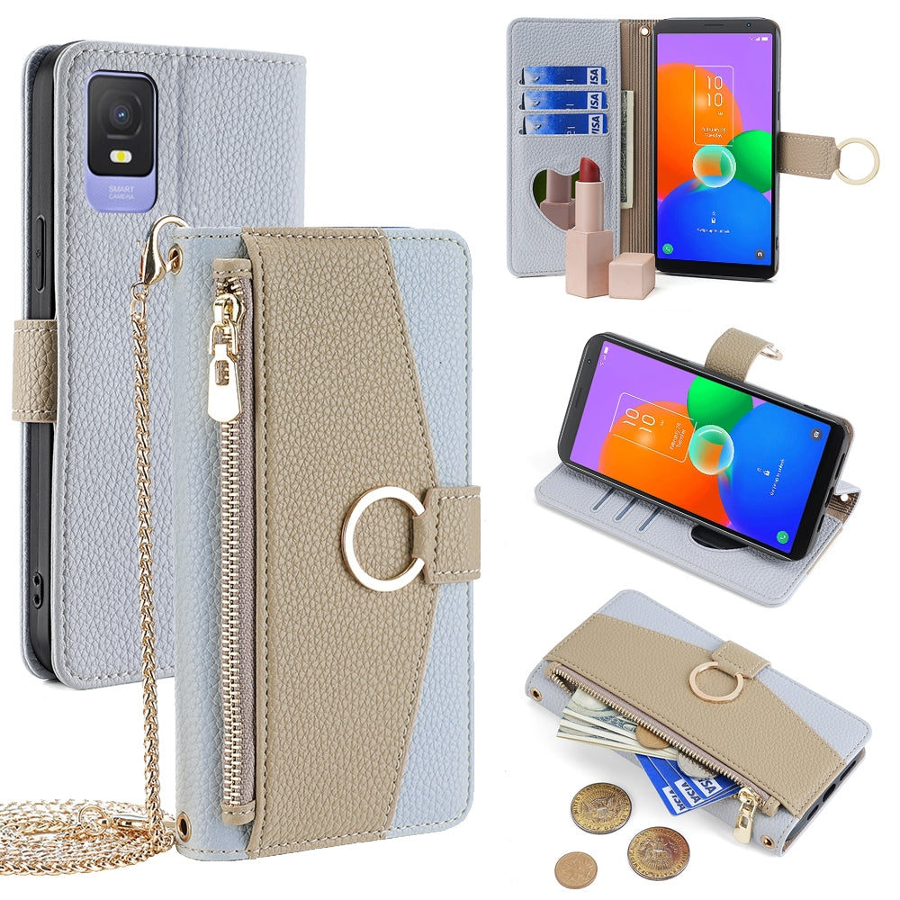 TCL 403 Crossbody Phone Case with Litchi Texture Leather, Adjustable Kickstand, Card Slots, Zipper Purse, Makeup Mirror, and TPU Protection