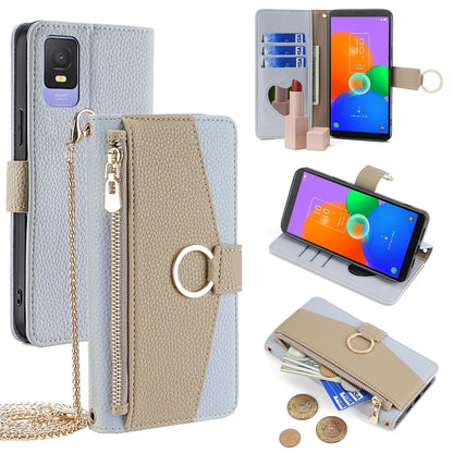 TCL 403 Crossbody Phone Case with Litchi Texture Leather, Adjustable Kickstand, Card Slots, Zipper Purse, Makeup Mirror, and TPU Protection