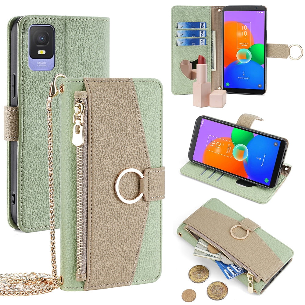 TCL 403 Crossbody Phone Case with Litchi Texture Leather, Adjustable Kickstand, Card Slots, Zipper Purse, Makeup Mirror, and TPU Protection