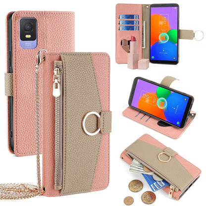 TCL 403 Crossbody Phone Case with Litchi Texture Leather, Adjustable Kickstand, Card Slots, Zipper Purse, Makeup Mirror, and TPU Protection