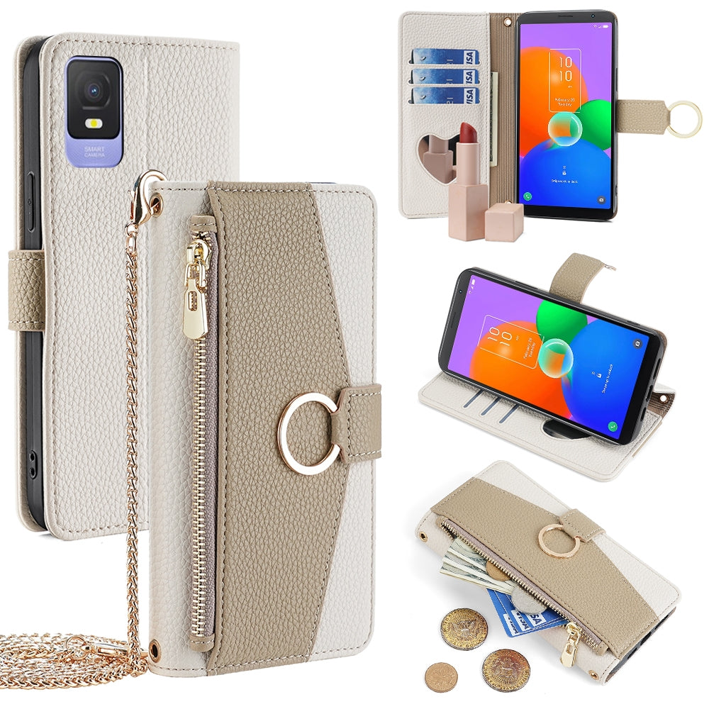 TCL 403 Crossbody Phone Case with Litchi Texture Leather, Adjustable Kickstand, Card Slots, Zipper Purse, Makeup Mirror, and TPU Protection
