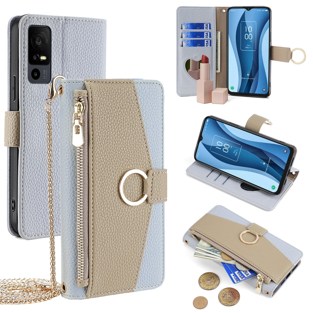 TCL 40 X 5G T601D Crossbody Phone Case with Litchi Texture Leather, Adjustable Kickstand, Card Slots, Zipper Purse, Makeup Mirror, and TPU Protection