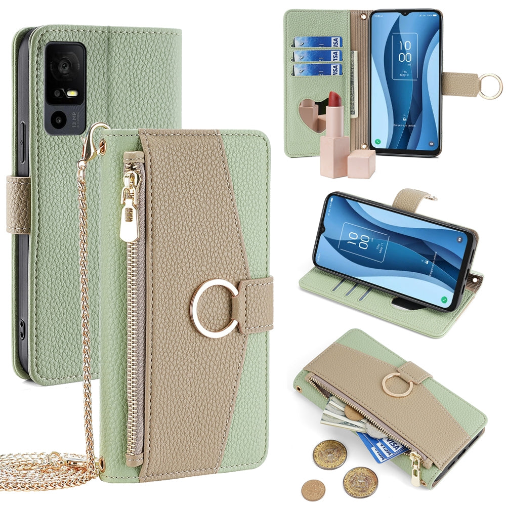 TCL 40 X 5G T601D Crossbody Phone Case with Litchi Texture Leather, Adjustable Kickstand, Card Slots, Zipper Purse, Makeup Mirror, and TPU Protection