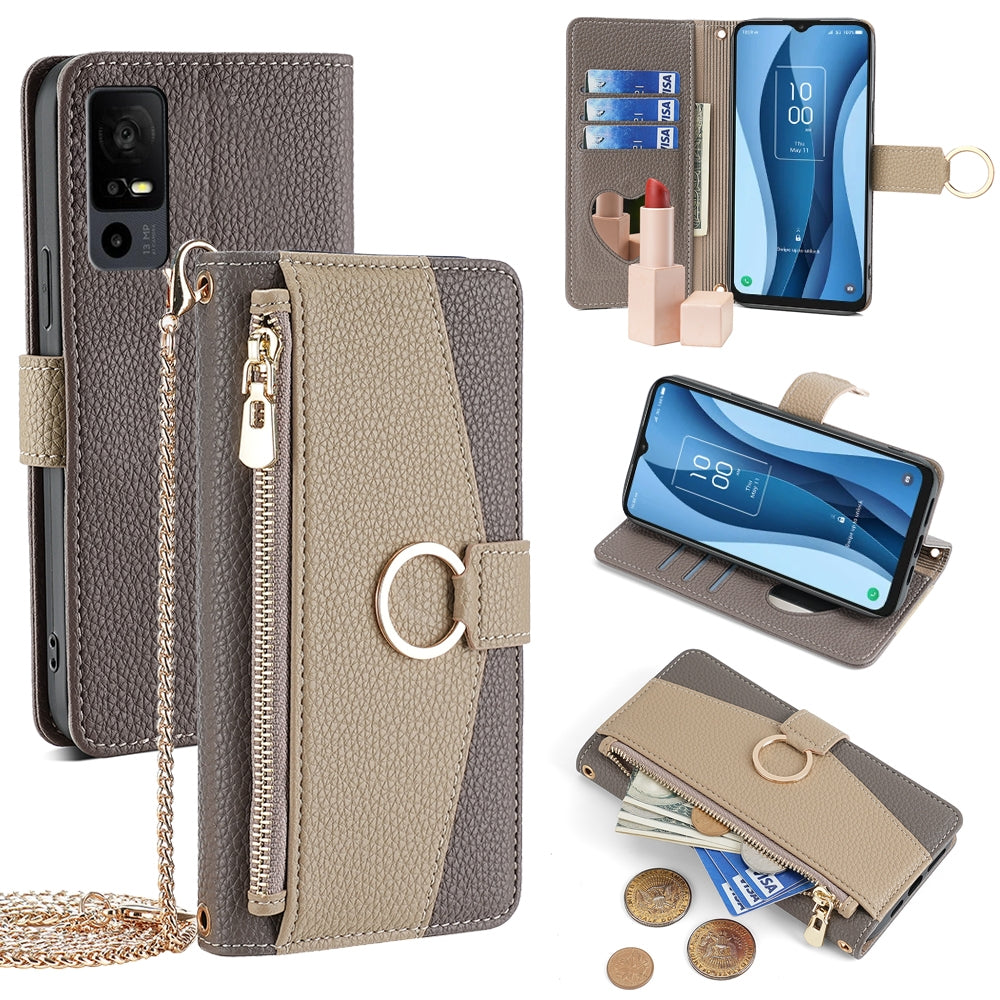 TCL 40 XE 5G Crossbody Phone Case with Litchi Texture Leather, Adjustable Kickstand, Card Slots, Zipper Purse, Makeup Mirror, and TPU Protection
