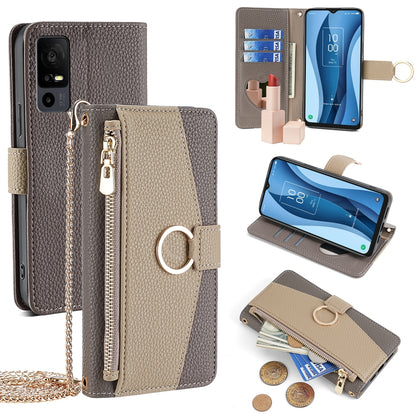 TCL 40 XE 5G Crossbody Phone Case with Litchi Texture Leather, Adjustable Kickstand, Card Slots, Zipper Purse, Makeup Mirror, and TPU Protection