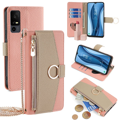 TCL 40 XE 5G Crossbody Phone Case with Litchi Texture Leather, Adjustable Kickstand, Card Slots, Zipper Purse, Makeup Mirror, and TPU Protection
