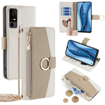 TCL 40 X 5G T601D Crossbody Phone Case with Litchi Texture Leather, Adjustable Kickstand, Card Slots, Zipper Purse, Makeup Mirror, and TPU Protection