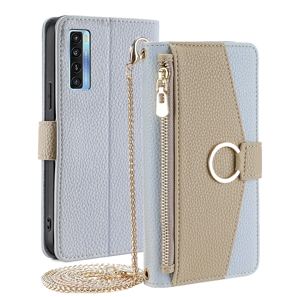 TCL 20S Crossbody Phone Case with Litchi Texture Leather, Adjustable Kickstand, Card Slots, Zipper Purse, Makeup Mirror, and TPU Protection