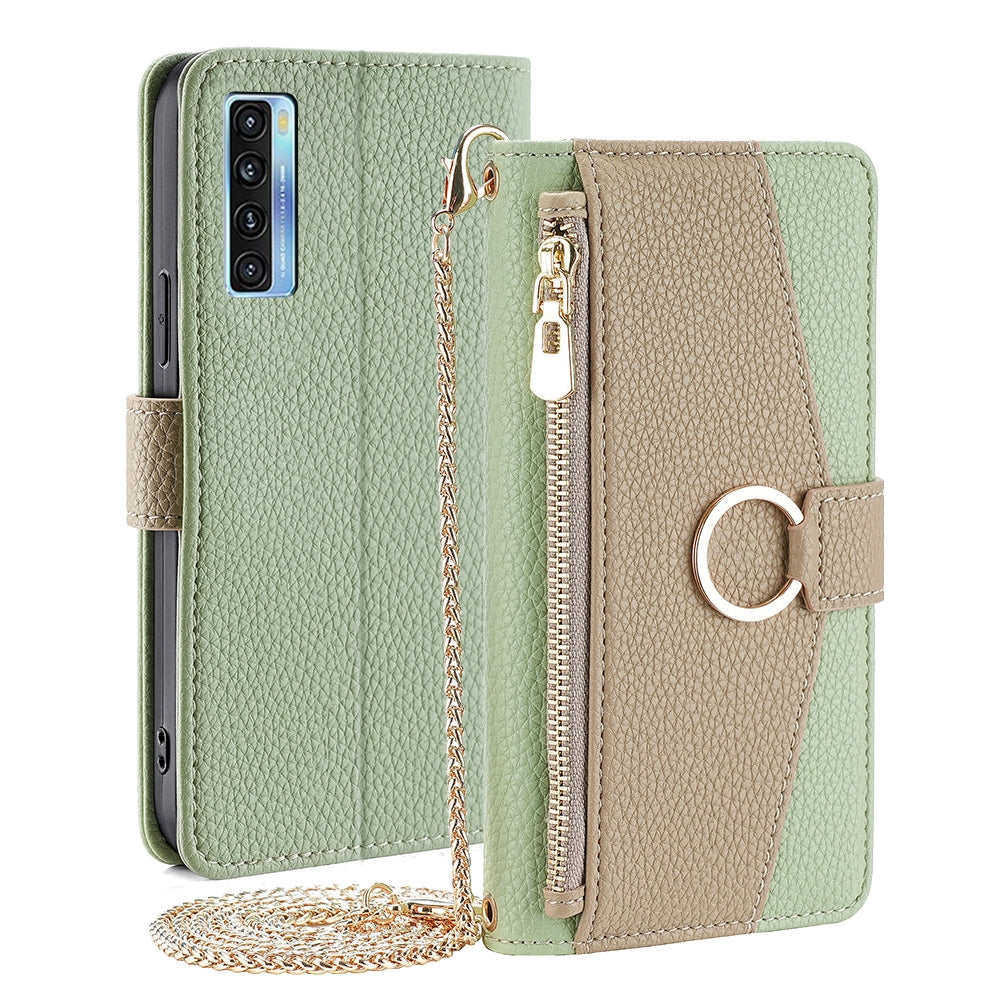 TCL 20S Crossbody Phone Case with Litchi Texture Leather, Adjustable Kickstand, Card Slots, Zipper Purse, Makeup Mirror, and TPU Protection
