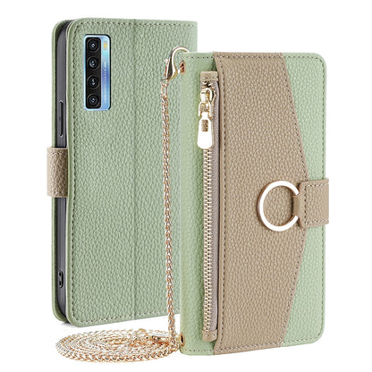TCL 20L/20L+ Crossbody Phone Case with Litchi Texture Leather, Adjustable Kickstand, Card Slots, Zipper Purse, Makeup Mirror, and TPU Protection