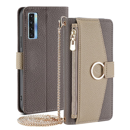 TCL 20 5G Crossbody Phone Case with Litchi Texture Leather, Adjustable Kickstand, Card Slots, Zipper Purse, Makeup Mirror, and TPU Protection