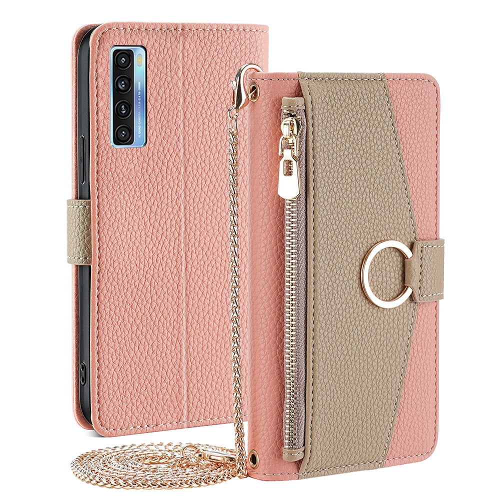 TCL 20 5G Crossbody Phone Case with Litchi Texture Leather, Adjustable Kickstand, Card Slots, Zipper Purse, Makeup Mirror, and TPU Protection