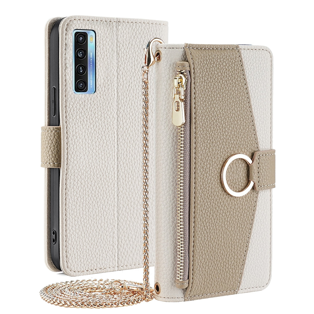 TCL 20L/20L+ Crossbody Phone Case with Litchi Texture Leather, Adjustable Kickstand, Card Slots, Zipper Purse, Makeup Mirror, and TPU Protection