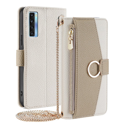 TCL 20S Crossbody Phone Case with Litchi Texture Leather, Adjustable Kickstand, Card Slots, Zipper Purse, Makeup Mirror, and TPU Protection