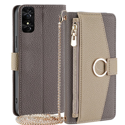 TCL 50 SE 4G Crossbody Phone Case with Litchi Texture Leather, Adjustable Kickstand, Card Slots, Zipper Purse, Makeup Mirror, and TPU Protection