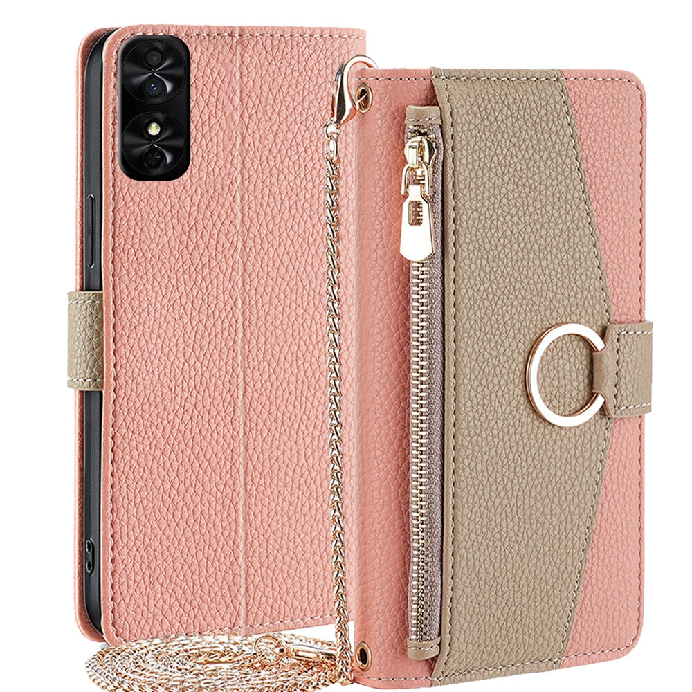 TCL 50 SE 4G Crossbody Phone Case with Litchi Texture Leather, Adjustable Kickstand, Card Slots, Zipper Purse, Makeup Mirror, and TPU Protection