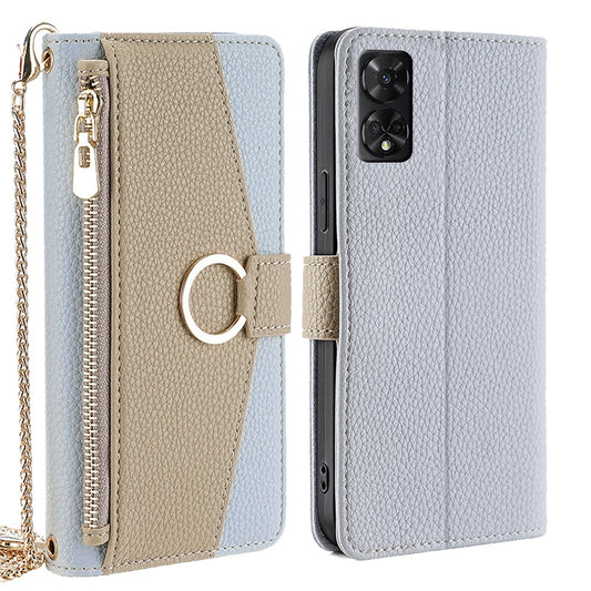 TCL 50 5G Crossbody Phone Case with Litchi Texture Leather, Adjustable Kickstand, Card Slots, Zipper Purse, Makeup Mirror, and TPU Protection