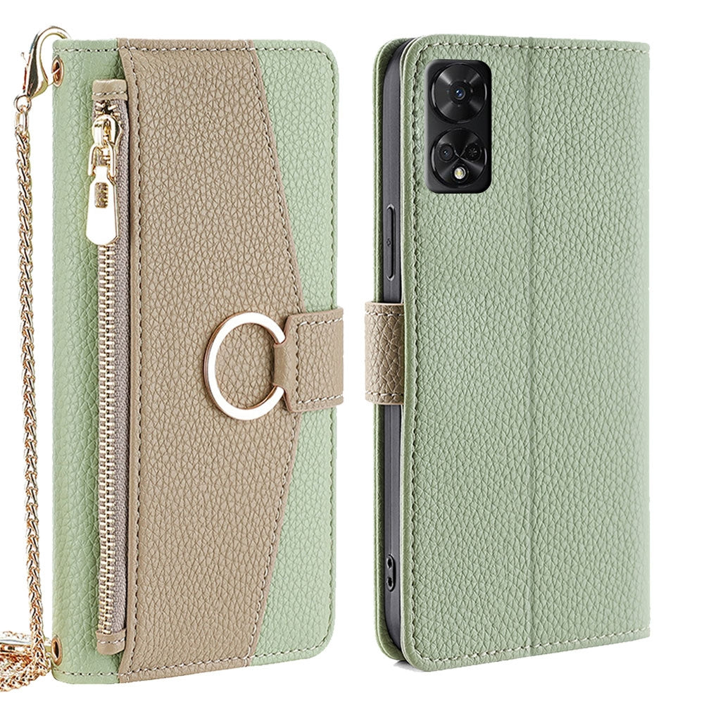 TCL 50 5G Crossbody Phone Case with Litchi Texture Leather, Adjustable Kickstand, Card Slots, Zipper Purse, Makeup Mirror, and TPU Protection