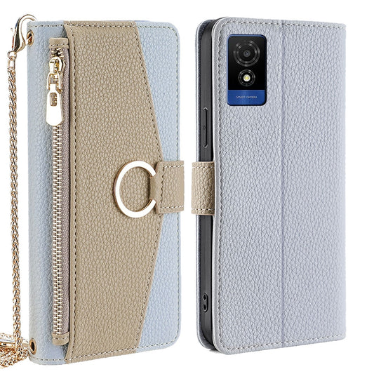 TCL 501 4G Crossbody Phone Case with Litchi Texture Leather, Adjustable Kickstand, Card Slots, Zipper Purse, Makeup Mirror, and TPU Protection