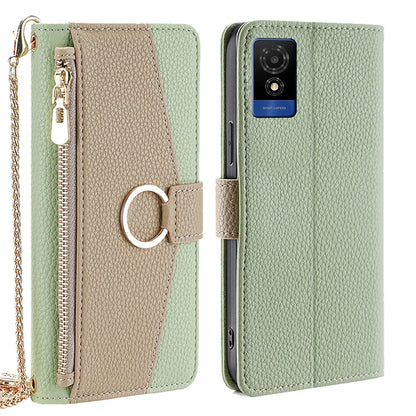TCL 501 4G Crossbody Phone Case with Litchi Texture Leather, Adjustable Kickstand, Card Slots, Zipper Purse, Makeup Mirror, and TPU Protection