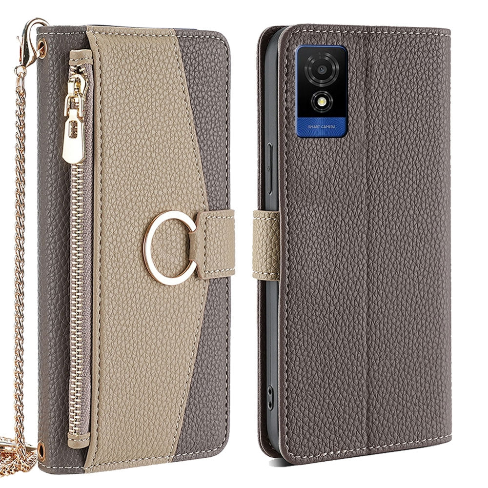 TCL 501 4G Crossbody Phone Case with Litchi Texture Leather, Adjustable Kickstand, Card Slots, Zipper Purse, Makeup Mirror, and TPU Protection