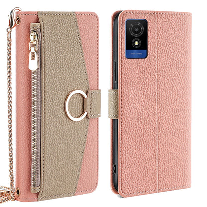 TCL 501 4G Crossbody Phone Case with Litchi Texture Leather, Adjustable Kickstand, Card Slots, Zipper Purse, Makeup Mirror, and TPU Protection