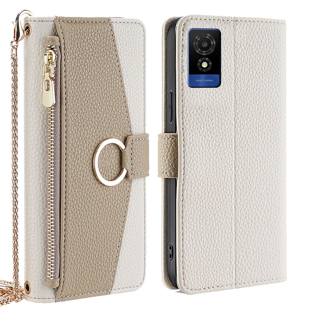 TCL 501 4G Crossbody Phone Case with Litchi Texture Leather, Adjustable Kickstand, Card Slots, Zipper Purse, Makeup Mirror, and TPU Protection