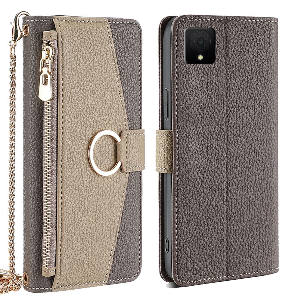 TCL 502 Crossbody Phone Case with Litchi Texture Leather, Adjustable Kickstand, Card Slots, Zipper Purse, Makeup Mirror, and TPU Protection