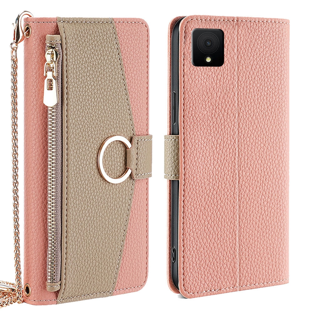 TCL 502 Crossbody Phone Case with Litchi Texture Leather, Adjustable Kickstand, Card Slots, Zipper Purse, Makeup Mirror, and TPU Protection