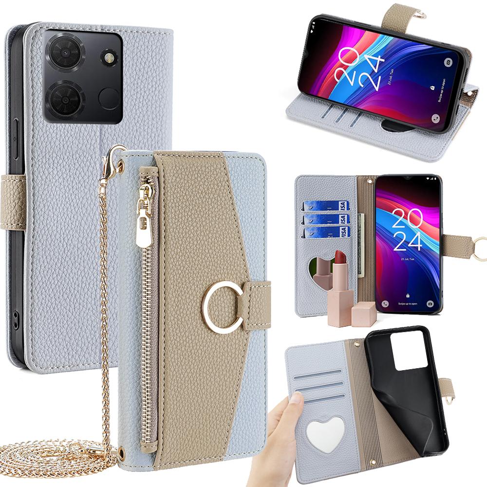 TCL 503 4G Crossbody Phone Case with Litchi Texture Leather, Adjustable Kickstand, Card Slots, Zipper Purse, Makeup Mirror, and TPU Protection