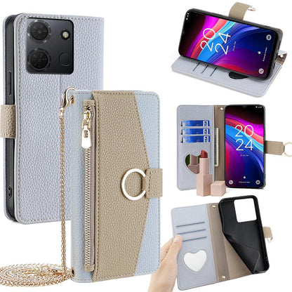 TCL 503 4G Crossbody Phone Case with Litchi Texture Leather, Adjustable Kickstand, Card Slots, Zipper Purse, Makeup Mirror, and TPU Protection