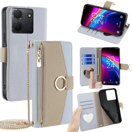 TCL 503 4G Crossbody Phone Case with Litchi Texture Leather, Adjustable Kickstand, Card Slots, Zipper Purse, Makeup Mirror, and TPU Protection