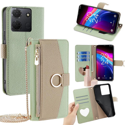TCL 503 4G Crossbody Phone Case with Litchi Texture Leather, Adjustable Kickstand, Card Slots, Zipper Purse, Makeup Mirror, and TPU Protection