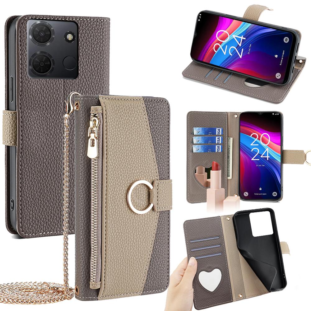 TCL 503 4G Crossbody Phone Case with Litchi Texture Leather, Adjustable Kickstand, Card Slots, Zipper Purse, Makeup Mirror, and TPU Protection