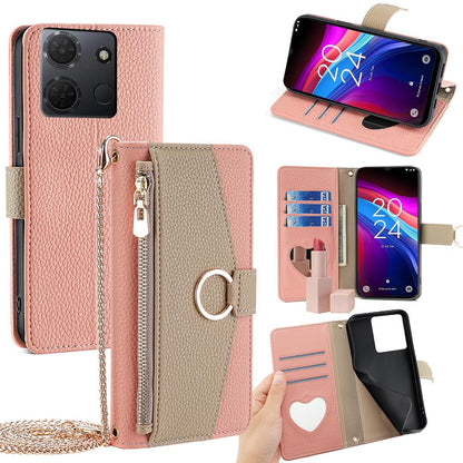 TCL 503 4G Crossbody Phone Case with Litchi Texture Leather, Adjustable Kickstand, Card Slots, Zipper Purse, Makeup Mirror, and TPU Protection