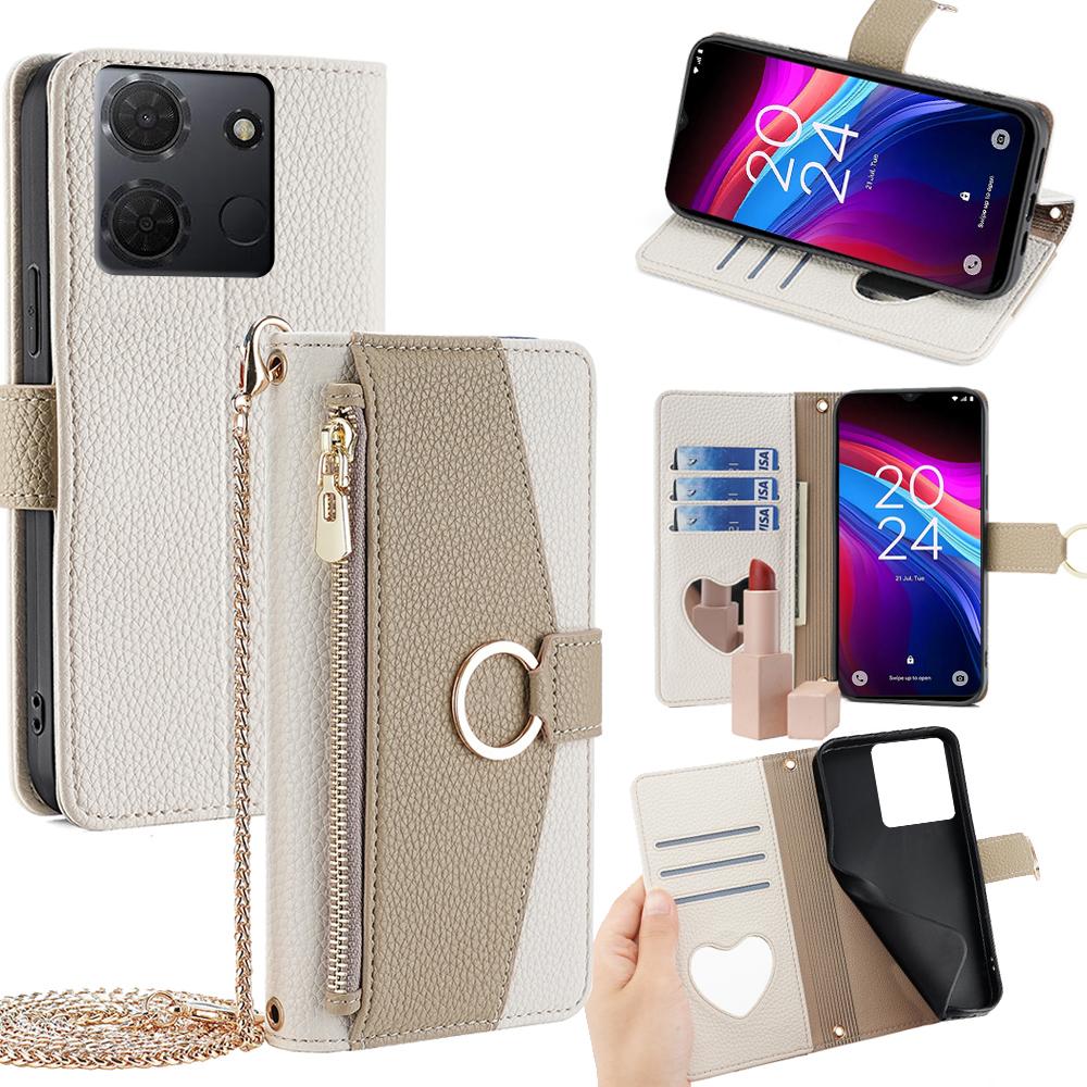 TCL 503 4G Crossbody Phone Case with Litchi Texture Leather, Adjustable Kickstand, Card Slots, Zipper Purse, Makeup Mirror, and TPU Protection