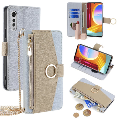 LG Velvet Crossbody Phone Case with Litchi Texture Leather, Adjustable Kickstand, Card Slots, Zipper Purse, Makeup Mirror, and TPU Protection