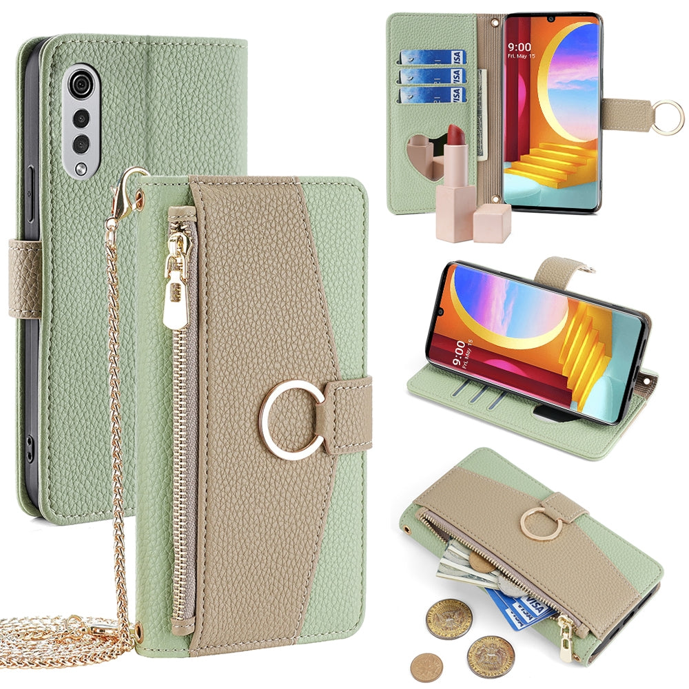 LG Velvet Crossbody Phone Case with Litchi Texture Leather, Adjustable Kickstand, Card Slots, Zipper Purse, Makeup Mirror, and TPU Protection