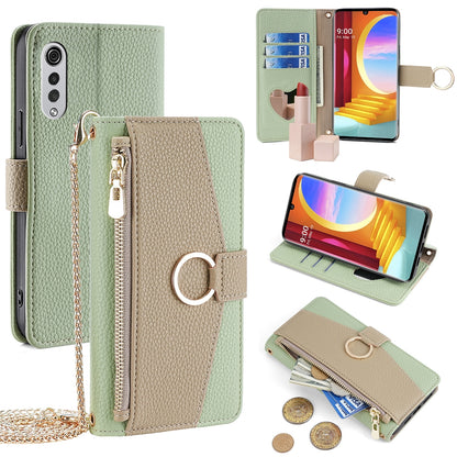 LG Velvet Crossbody Phone Case with Litchi Texture Leather, Adjustable Kickstand, Card Slots, Zipper Purse, Makeup Mirror, and TPU Protection