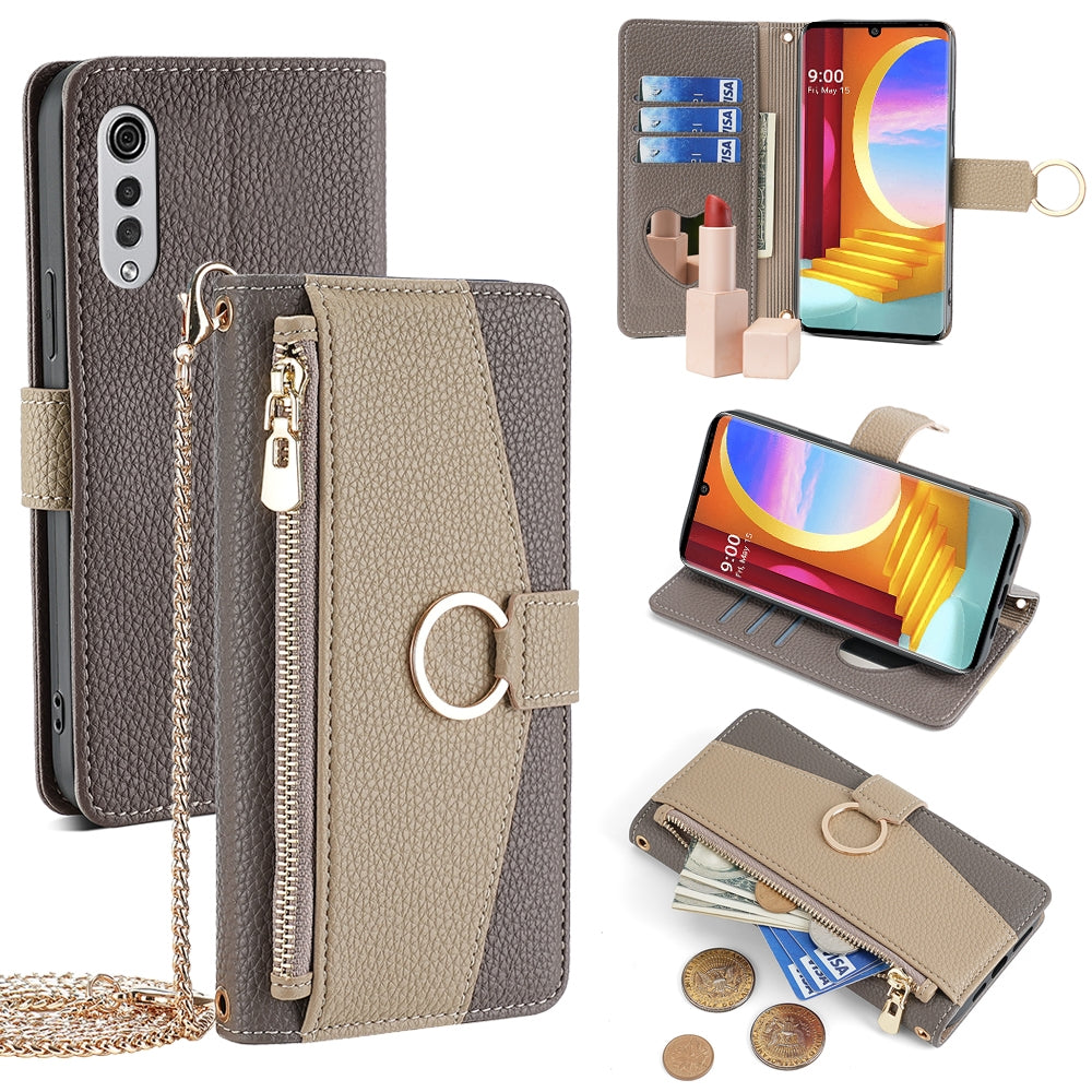 LG Velvet Crossbody Phone Case with Litchi Texture Leather, Adjustable Kickstand, Card Slots, Zipper Purse, Makeup Mirror, and TPU Protection