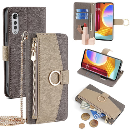LG Velvet Crossbody Phone Case with Litchi Texture Leather, Adjustable Kickstand, Card Slots, Zipper Purse, Makeup Mirror, and TPU Protection
