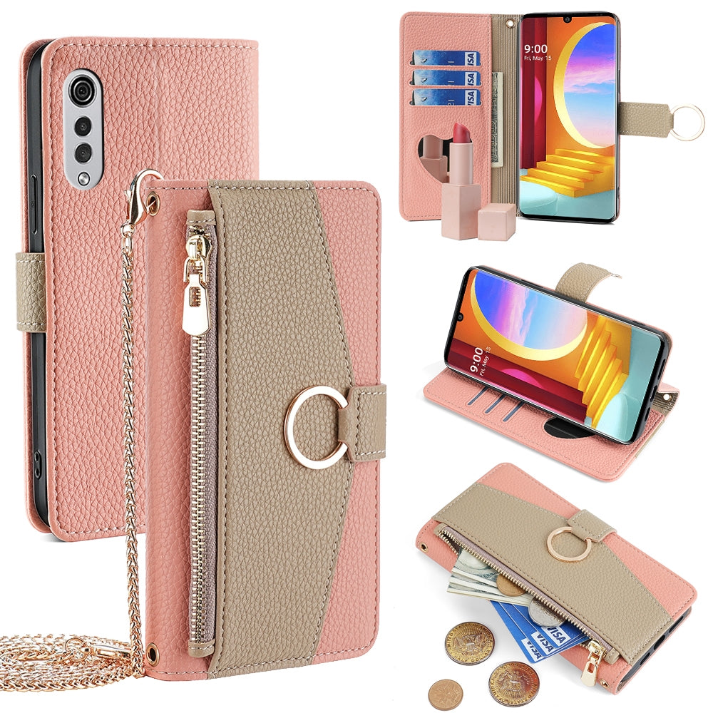 LG Velvet Crossbody Phone Case with Litchi Texture Leather, Adjustable Kickstand, Card Slots, Zipper Purse, Makeup Mirror, and TPU Protection