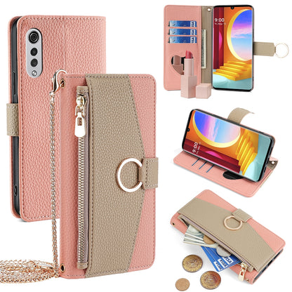 LG Velvet Crossbody Phone Case with Litchi Texture Leather, Adjustable Kickstand, Card Slots, Zipper Purse, Makeup Mirror, and TPU Protection