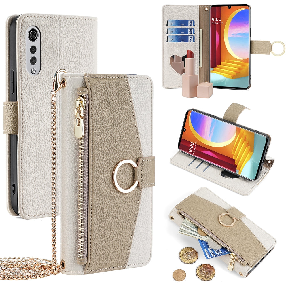 LG Velvet Crossbody Phone Case with Litchi Texture Leather, Adjustable Kickstand, Card Slots, Zipper Purse, Makeup Mirror, and TPU Protection