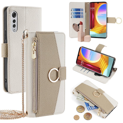 LG Velvet Crossbody Phone Case with Litchi Texture Leather, Adjustable Kickstand, Card Slots, Zipper Purse, Makeup Mirror, and TPU Protection